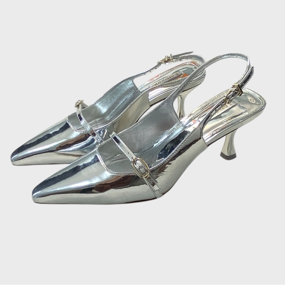 Larroude Metallic Silver Specchio Leather Ines Pumps Size 9 1/2